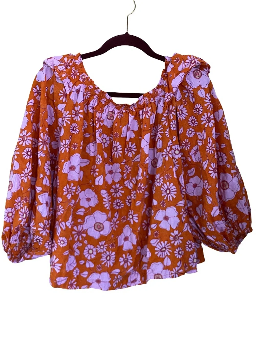 Free People Miss Daisy floral burnt orange puff sleeve smock blouse size medium
